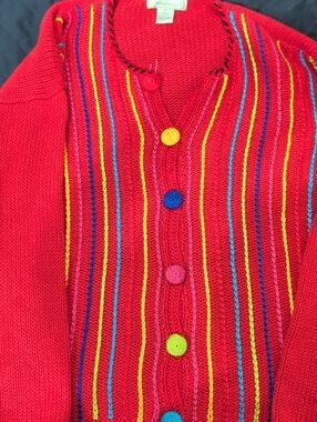 Women's Bright Red Cable Cardigan with Multicolor Trim